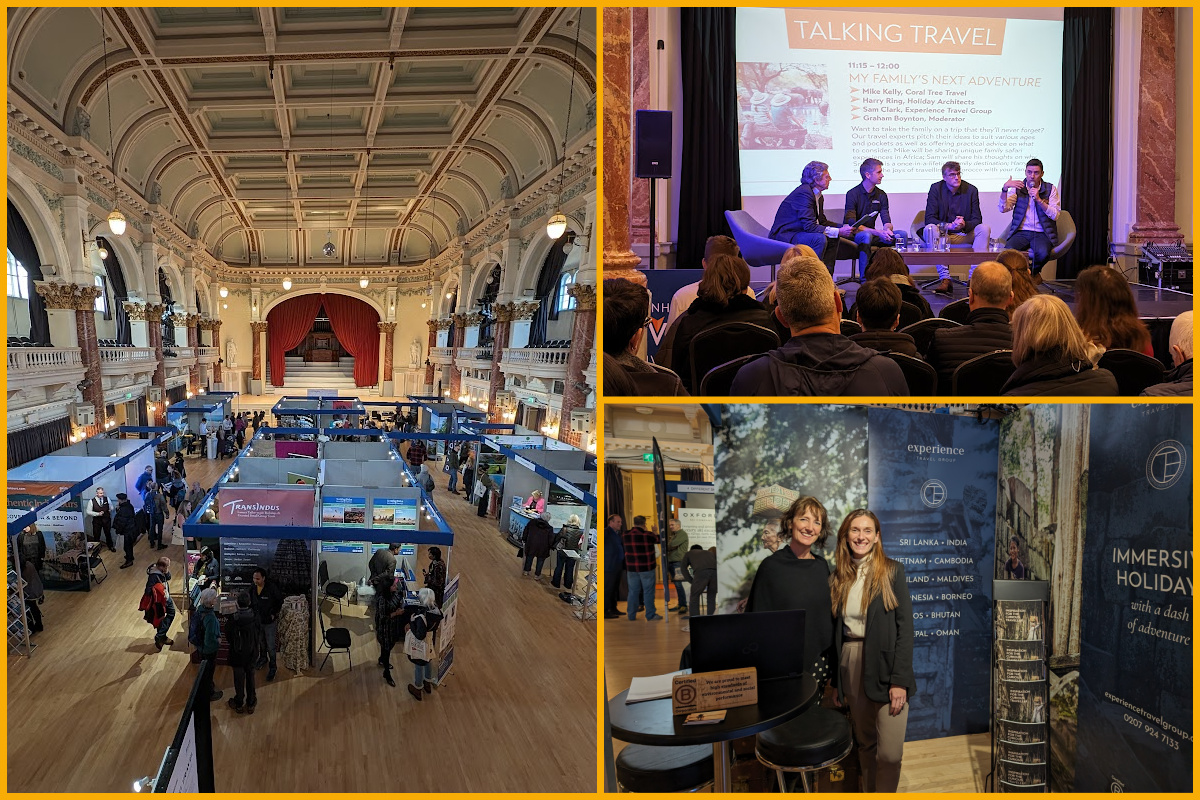 Collage of guests and exhibitors from Cheltenham Travel Festival 2024 at Cheltenham Town Hall.